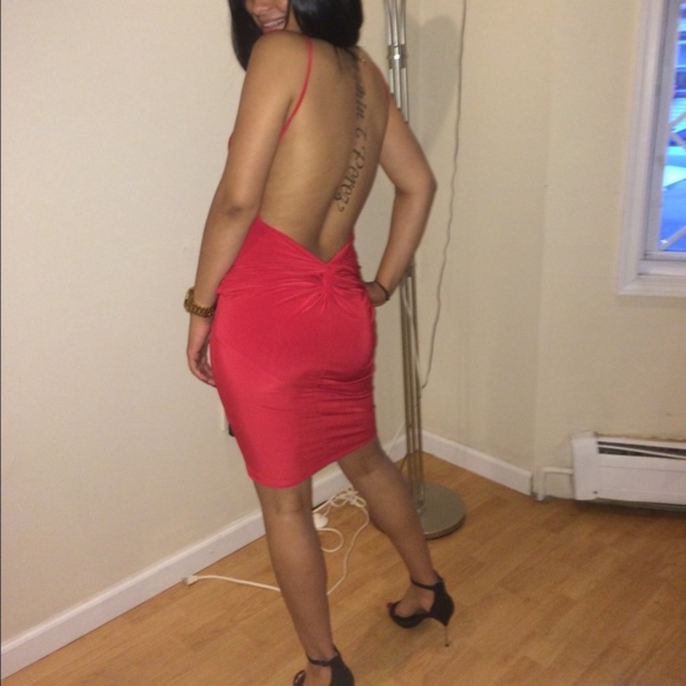 open back dark red dress